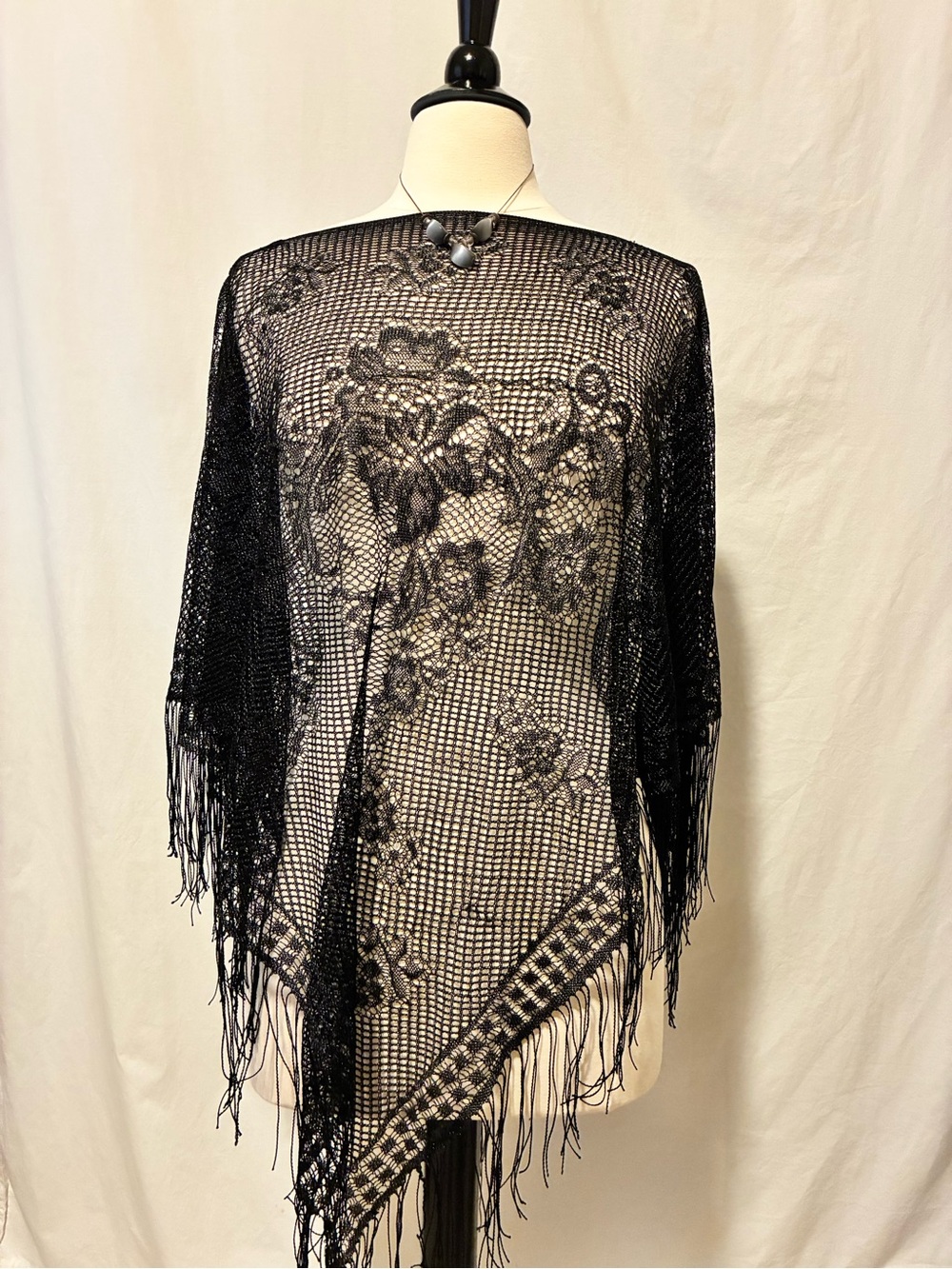 Black Fringe Open-Knit Lace Poncho